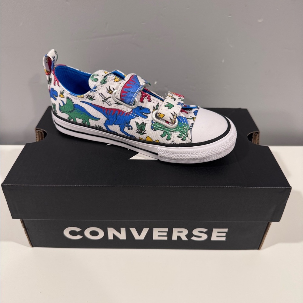 Converse Kids White Sneakers with Multicolor Dino Print
